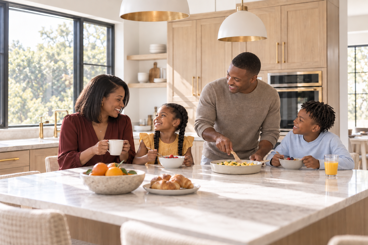 A family enjoying time together in a bright, thoughtfully maintained kitchen